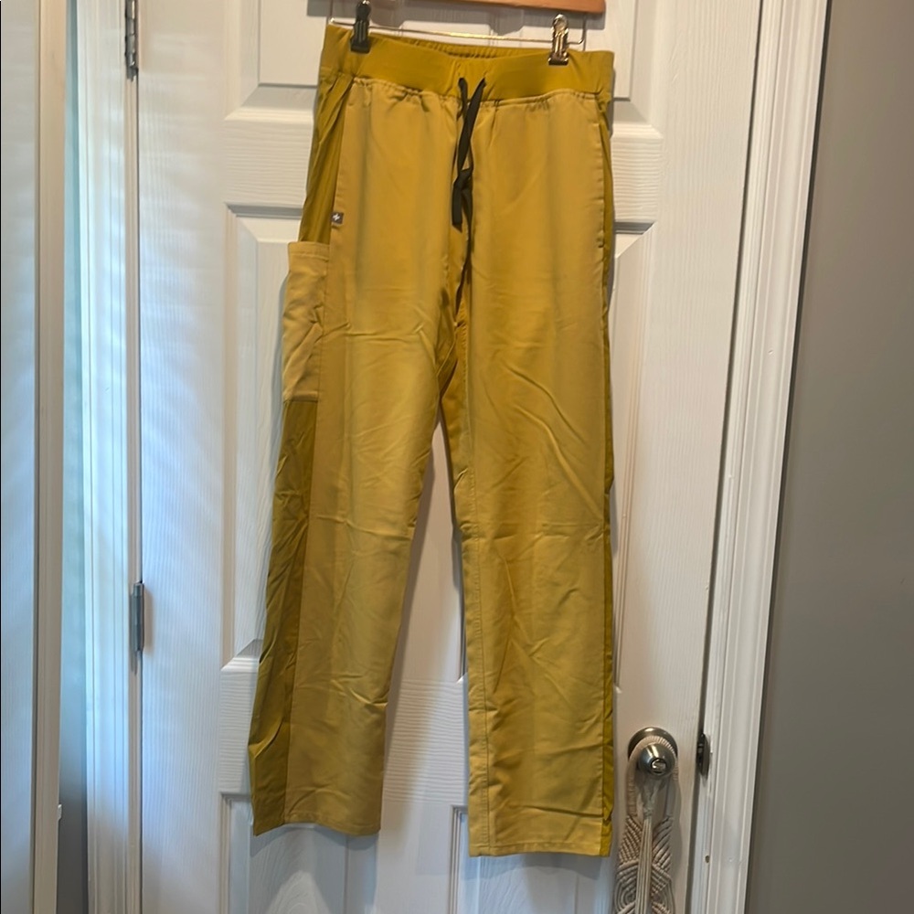 Figs Yellow Cargo Pants Relaxed Fit Drawstring Waist in Mustard Yellow